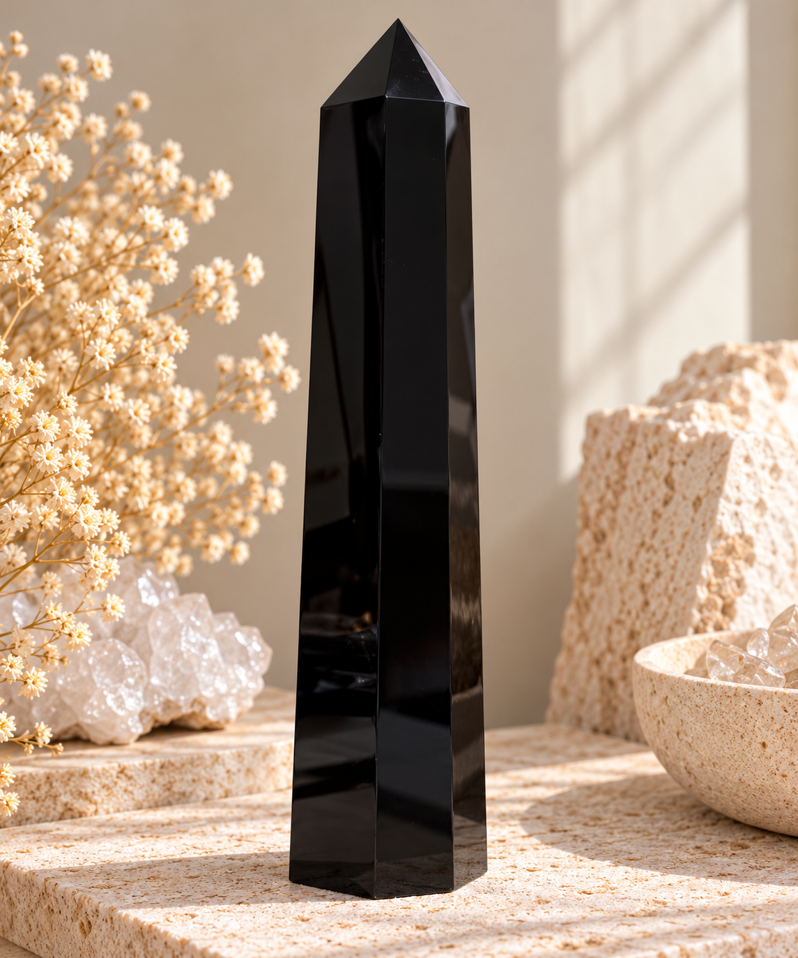25 cm polished Black Obsidian tower with glossy black surfaces and pointed termination