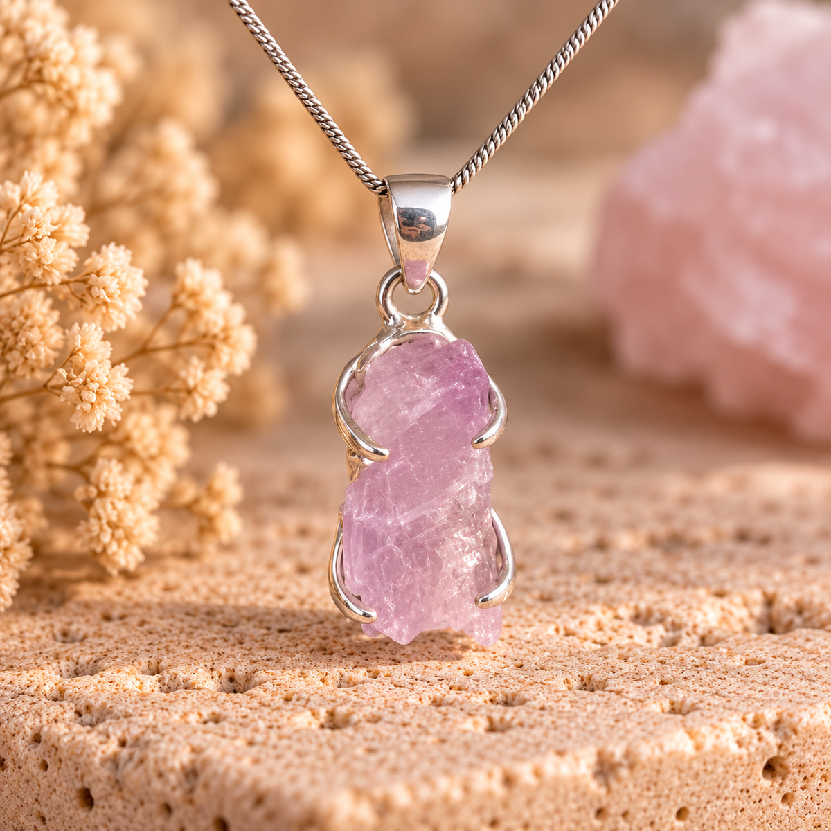 Natural raw pale pink Kunzite crystal pendant set in sterling silver