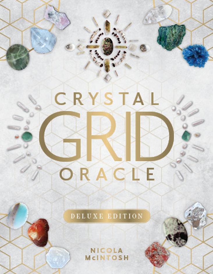 Cover of Crystal Grid Oracle – Deluxe Edition by Nicola McIntosh, featuring crystals arranged in sacred grid patterns.