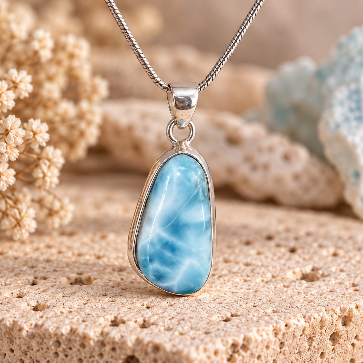 Natural blue and white Larimar freeform pendant set in sterling silver