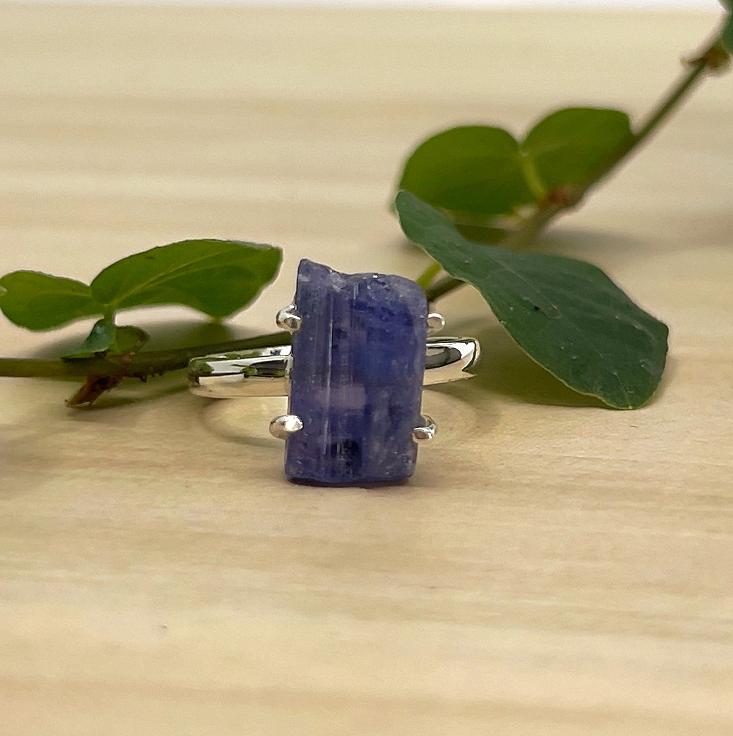 Silver Tanzanite ring with a purple stone on a wooden surface with green leaves.