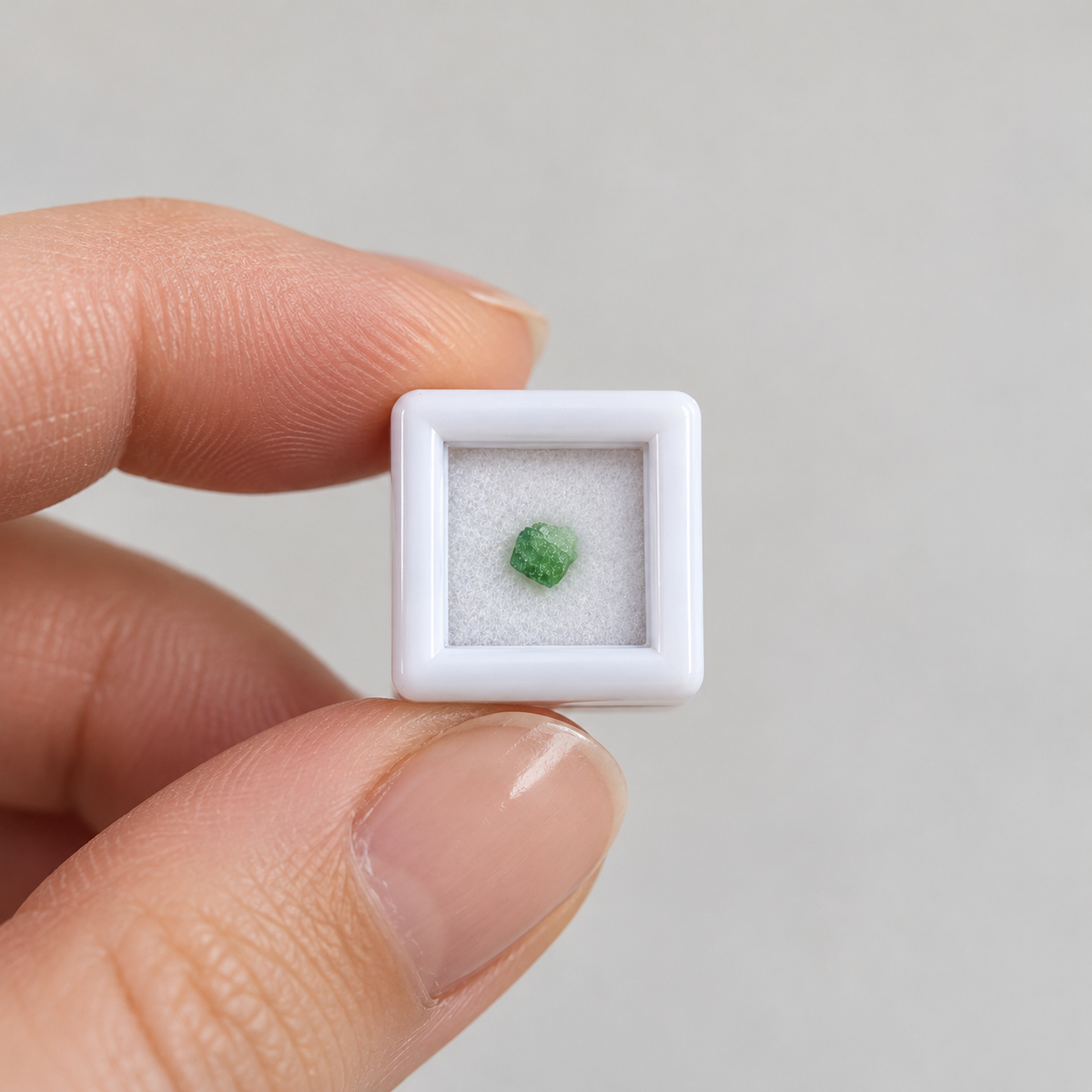 Alt text: Tiny Green Tsavorite micro mineral specimen approximately 3 mm in display box