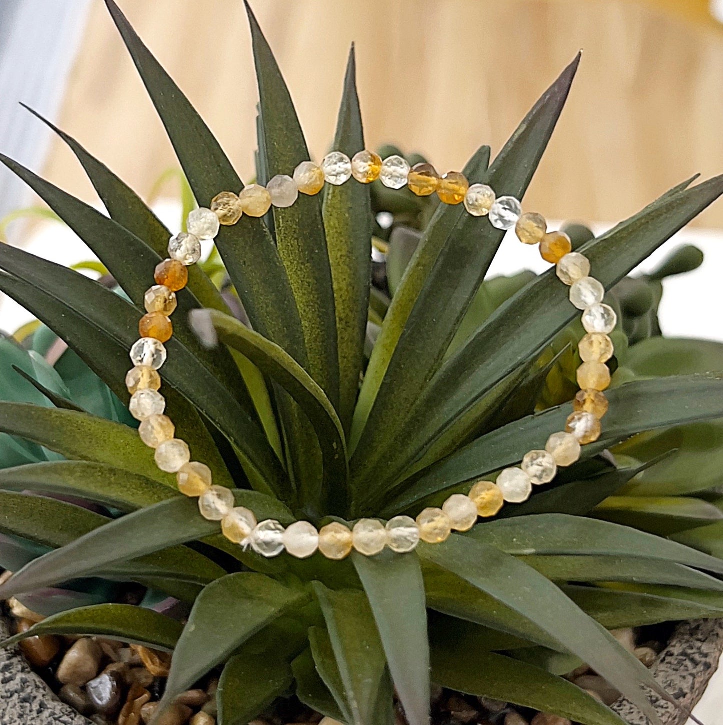 A close-up image of a handmade citrine bracelet featuring 4mm faceted beads on a stretchy cord, draped elegantly over green succulent leaves. The citrine beads display a warm yellow hue, capturing light and creating a subtle sparkle, symbolizing positivity and abundance. | Simply Esoteric