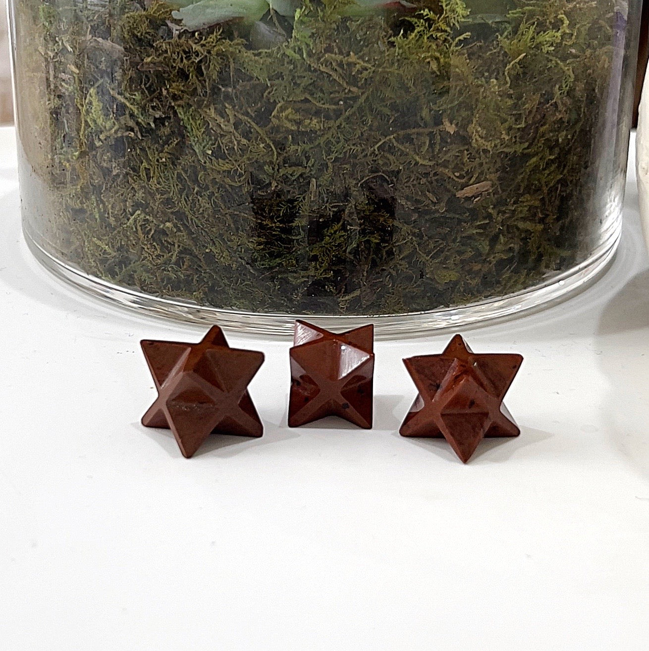 Three small Mahogany Obsidian Merkaba stars, each approximately 2-2.5 cm in size, placed in front of a glass container filled with green moss and succulents. The stars display rich, deep mahogany hues interlaced with black streaks, highlighting their unique and intricate patterns. | Simply Esoteric