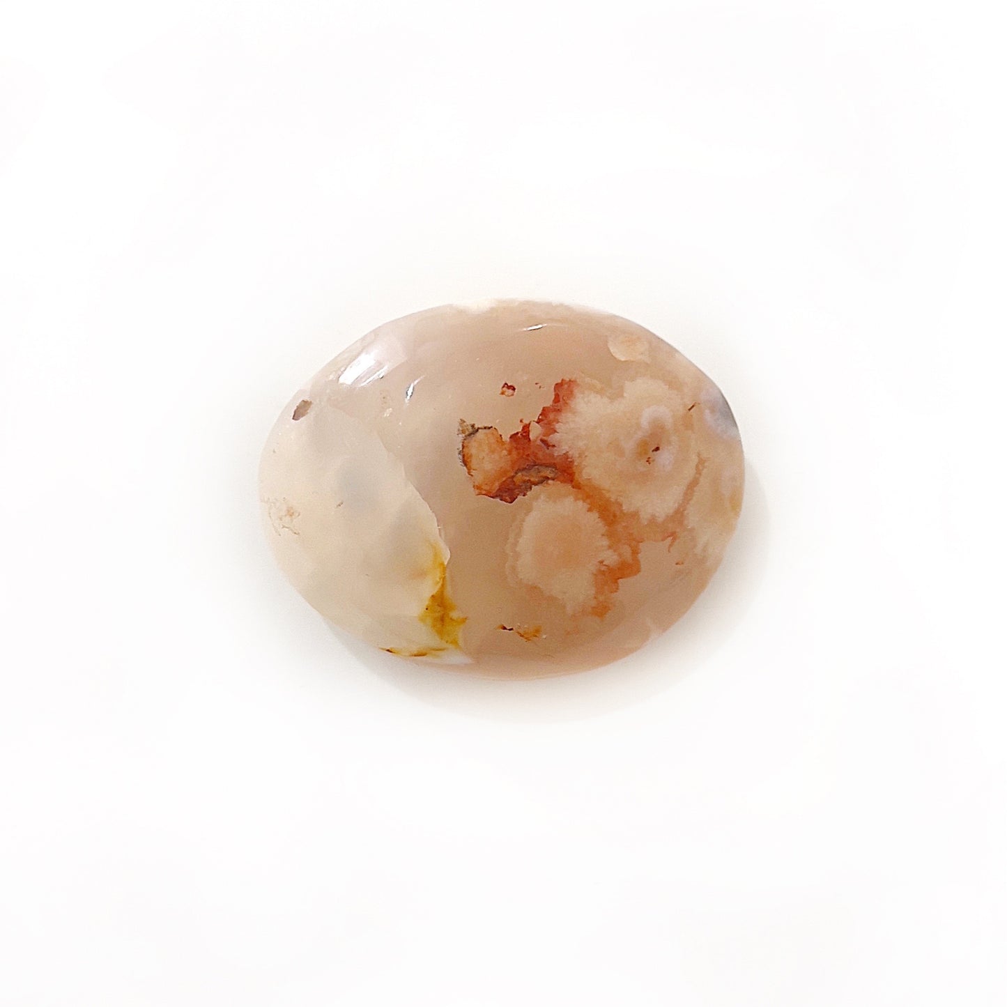 Smooth, polished flower agate palm stone with a warm, creamy base and delicate orange and brown floral inclusions, resting on a white background. | Simply Esoteric