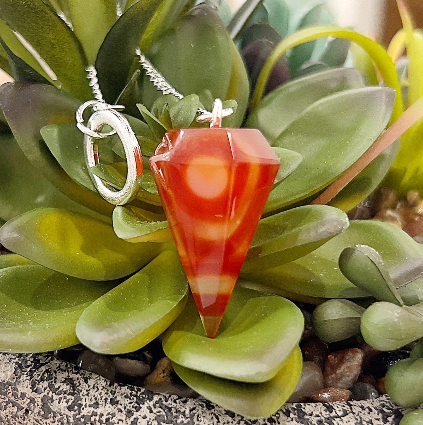 A vibrant carnelian pendulum with striking red and orange tones, featuring a faceted design for balance and accuracy. The pendulum is attached to a silver-tone chain with an easy-grip loop, displayed against a backdrop of lush green succulents, emphasizing its natural beauty and spiritual energy. | Simply Esoteric