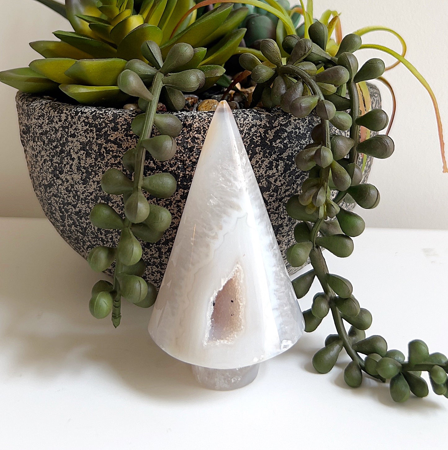 **Alt Text:** A polished agate druzy carved tree, approximately 8cm tall, featuring soft white and grey hues with a sparkling druzy pocket. The tree-shaped crystal stands upright with a smooth, glossy finish, placed in front of a decorative planter with cascading green succulents. | Simply Esoteric