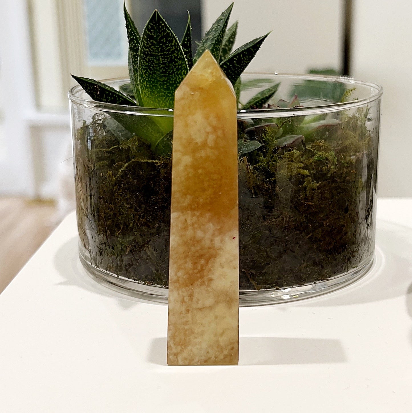 A 9cm Flower Agate Tower with warm hues of cream and beige, featuring intricate flower-like inclusions, displayed in front of a green plant. | Simply Esoteric