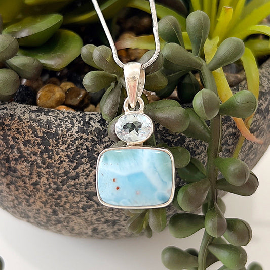 **Alt Text:** A sterling silver pendant featuring a rectangular Larimar stone with soothing blue hues and an oval Aquamarine accent, set against a backdrop of green succulents in a pot. The pendant hangs from a silver chain, showcasing its elegant and serene design. | Simply Esoteric