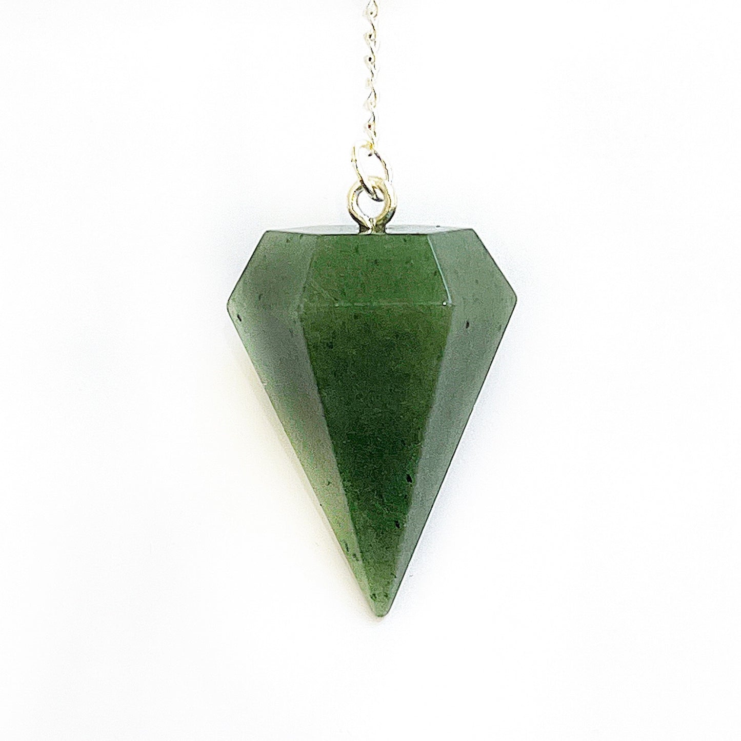 A Green Aventurine pendulum, symbolizing luck and prosperity, with a lush green hue, hanging from a durable chain, perfect for heart chakra healing and manifesting dreams. | Simply Esoteric