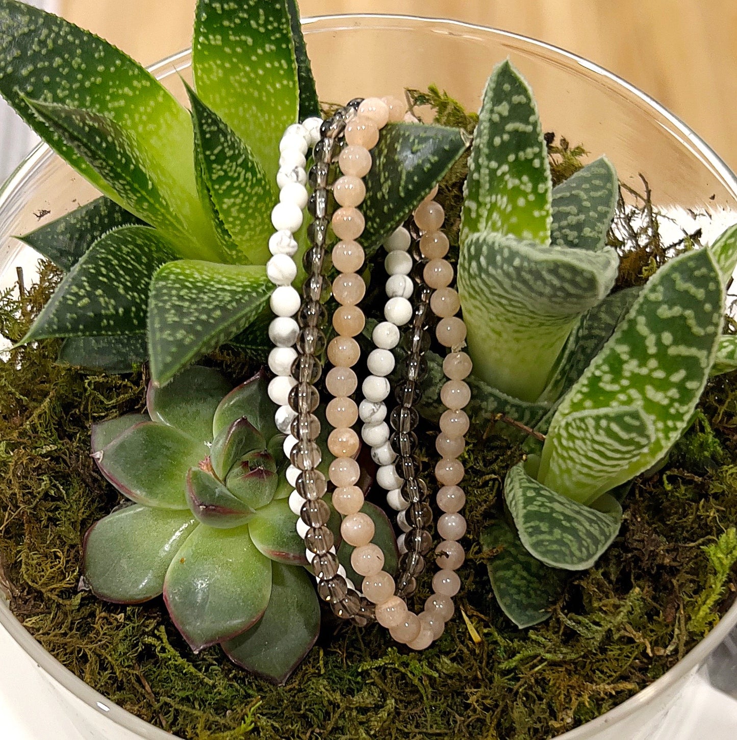 A set of three intention bracelets featuring white howlite, peach moonstone, and smoky quartz beads, each approximately 4-5mm in size. The bracelets are strung on stretchy cords and are displayed elegantly on a bed of green succulents and moss, showcasing their soft white, peach, and smoky gray colors. | Simply Esoteric
