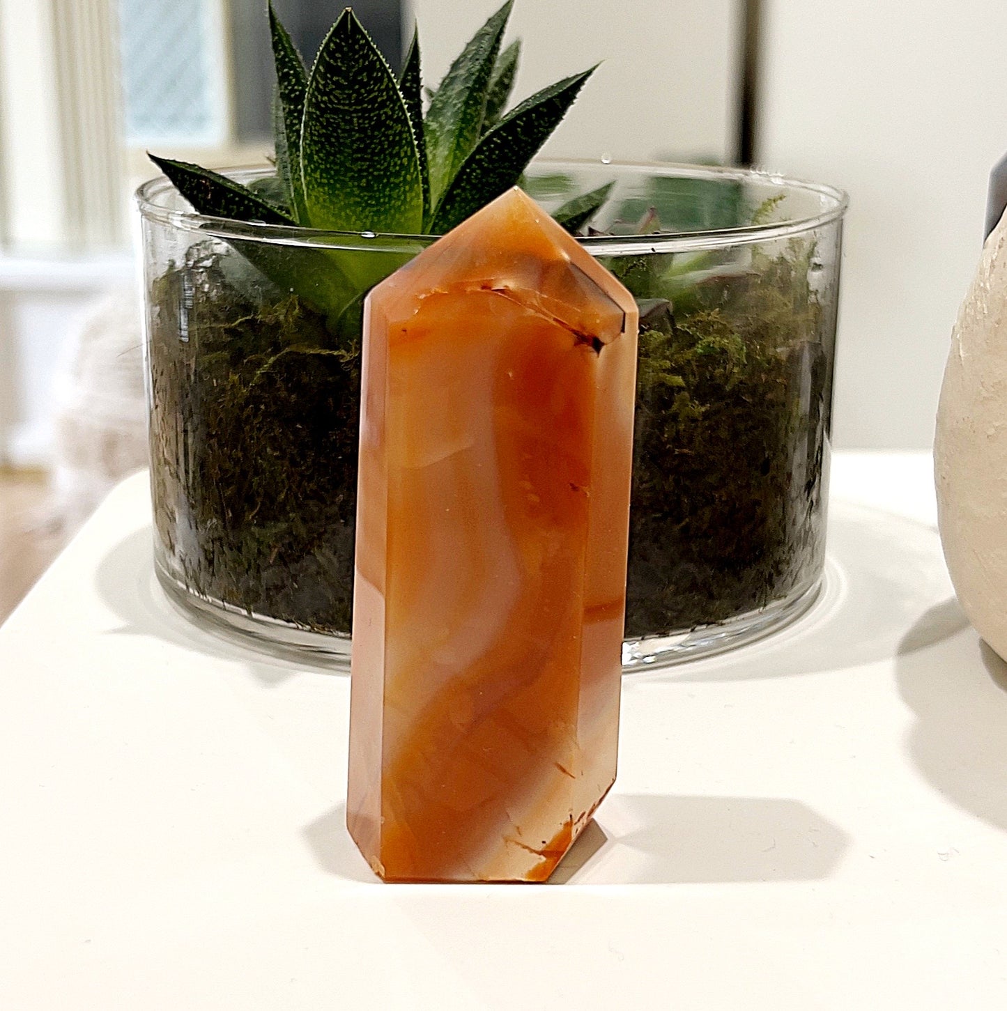 A vibrant Carnelian Tower, approximately 8cm tall, displaying rich shades of orange and red with unique banding, positioned in front of a green plant. | Simply Esoteric