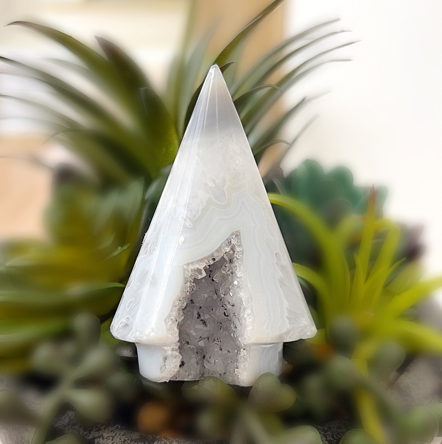 A beautiful druzy agate carving shaped like a tree, approximately 7cm tall, featuring a polished surface with a sparkling druzy crystal cluster in the center. The stone showcases soft, natural hues of white and grey, placed in front of a vibrant green plant background. Perfect for display or as a meditation tool. | Simply Esoteric