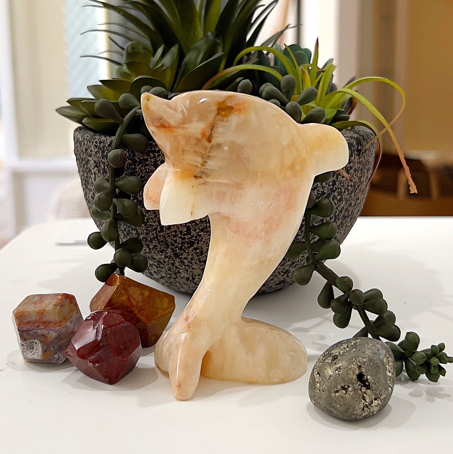 A polished calcite dolphin carving stands approximately 10cm tall, showcasing warm hues of orange, cream, and white. It is positioned beside small crystal pieces and a decorative succulent arrangement in the background, enhancing the natural aesthetic of the scene. The dolphin's elegant form appears to be mid-leap, embodying grace and fluidity. | Simply Esoteric