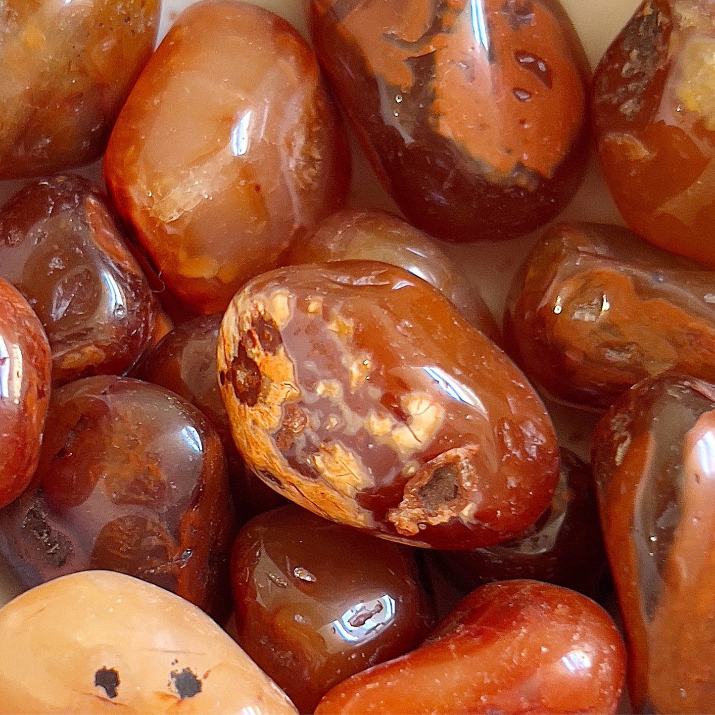 Vibrant carnelian tumbles with a smooth, polished finish, showcasing a spectrum of warm oranges and reds, symbolizing vitality, creativity, and motivation. | Simply Esoteric