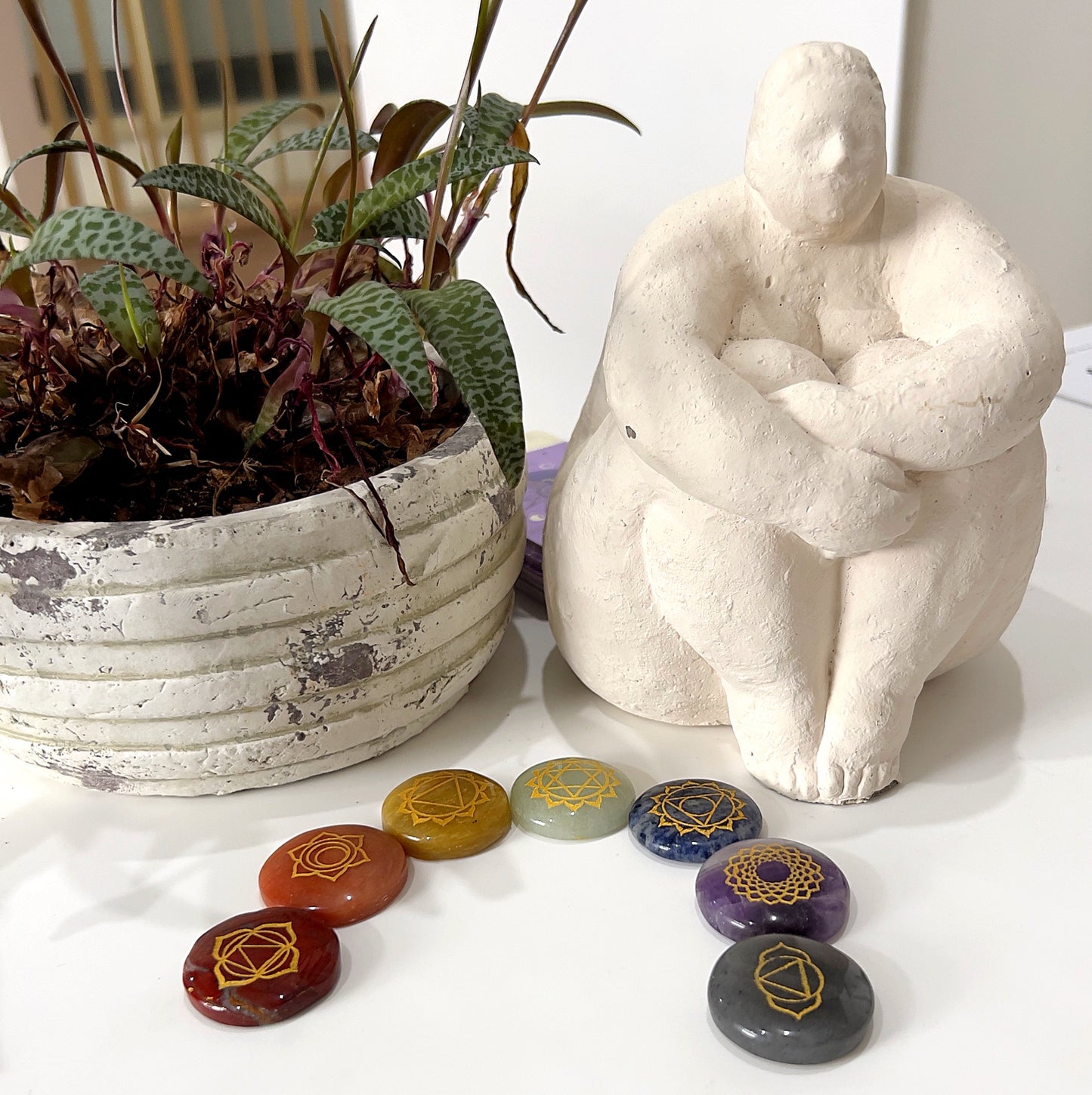 A set of seven polished chakra stones arranged in a line. Each stone is engraved with a unique chakra symbol: Red Jasper for the Root Chakra, Carnelian for the Sacral Chakra, Yellow Aventurine for the Solar Plexus Chakra, Green Aventurine for the Heart Chakra, Sodalite for the Throat Chakra, Agate for the Third Eye Chakra, and Amethyst for the Crown Chakra. The stones are placed on a white surface next to a potted plant and a white sculpture. | Simply Esoteric