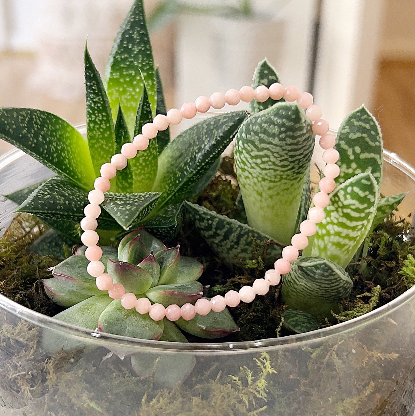 A delicate bracelet featuring faceted pink opal beads, strung on a stretchy cord, displayed in a bowl surrounded by green succulents. The bracelet showcases soft pink hues with natural variations, highlighting the gentle and soothing energy of pink opal. | Simply Esoteric
