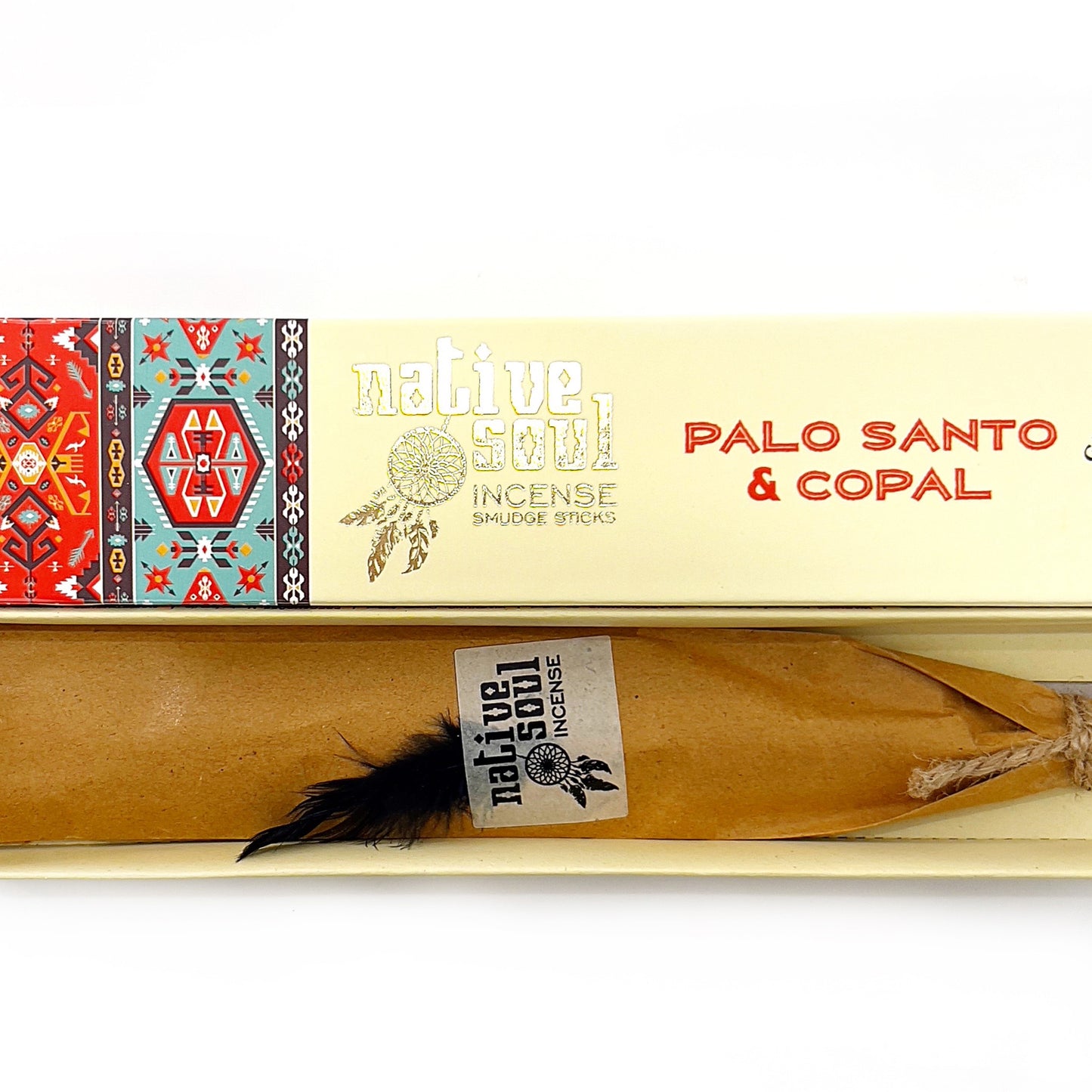 A box of 'Native Soul Incense Smudge Sticks' featuring Palo Santo & Copal, displayed horizontally. The box's design includes vibrant tribal patterns on the left and clear, golden text against a cream background on the right. Below the box, a smudge stick with a visible feather tied to it, suggesting the natural and cultural elements used in these traditional incense sticks. | Simply Esoteric