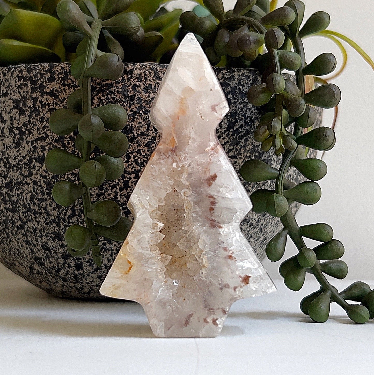 **Alt Text:** A beautifully hand-carved 8cm agate druzy tree with intricate crystal formations, featuring a natural druzy pocket. The tree has soft translucent tones with earthy accents and is displayed against a backdrop of lush green succulents in a stone-textured pot. | Simply Esoteric