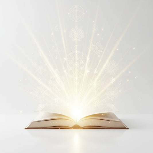 Akashic Record Reading with glowing open book projecting sacred geometry, zodiac symbols, and mystical patterns representing soul wisdom and spiritual insight.