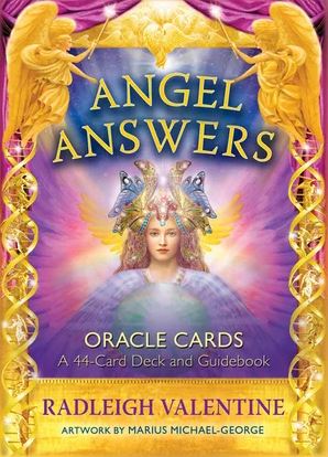 Cover of Angel Answers Oracle Cards by Radleigh Valentine featuring a radiant angelic figure surrounded by golden light and purple hues, symbolising divine guidance and clarity.