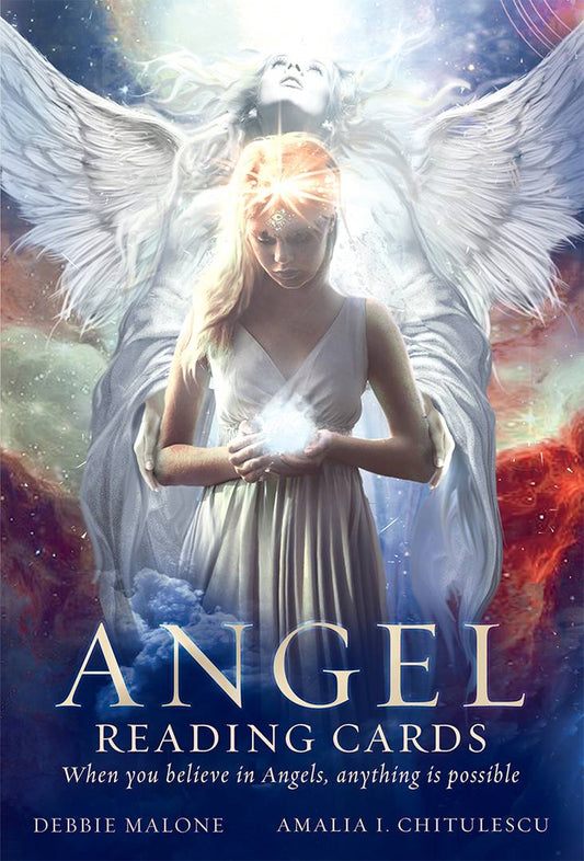 Cover of Angel Reading Cards by Debbie Malone and Amalia I. Chitulescu, featuring angelic artwork and celestial light imagery.