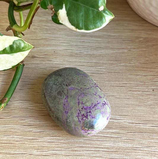 Atalantasite soap stone on wooden background with green leaves