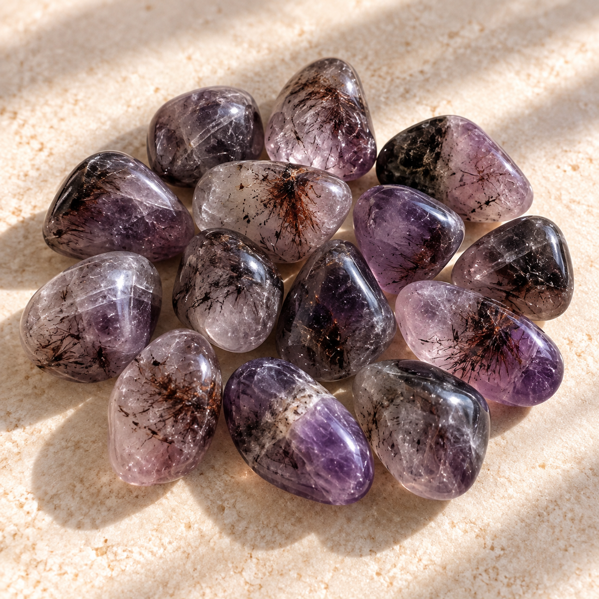 Natural Auralite crystal tumble with purple tones and mineral inclusions