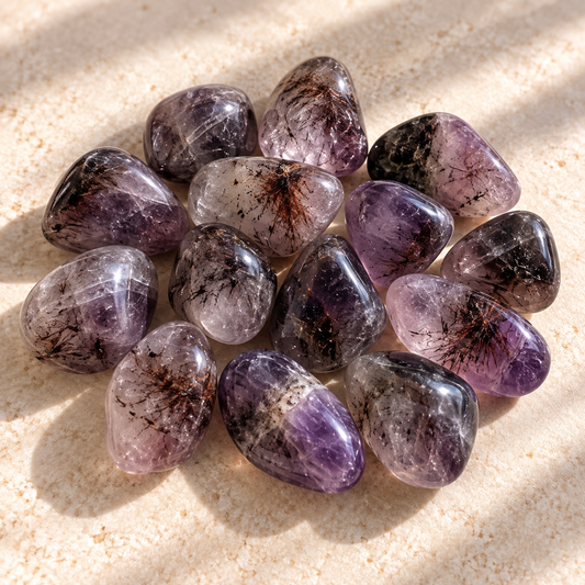 Natural Auralite crystal tumble with purple tones and mineral inclusions