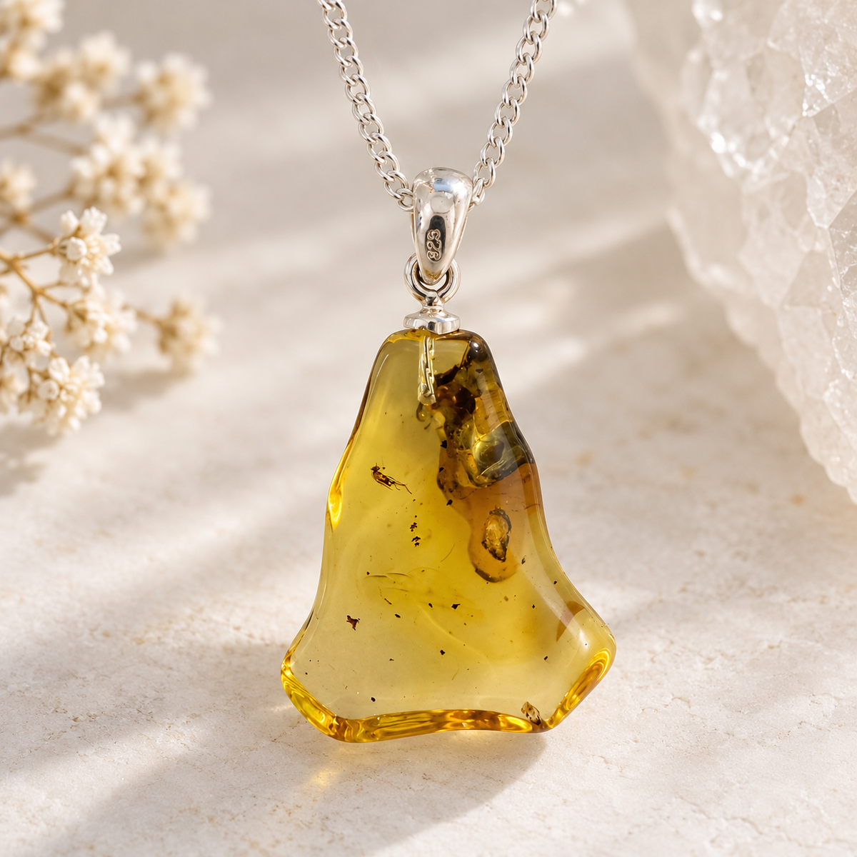 Baltic Amber with Insect Inclusion Sterling Silver Pendant