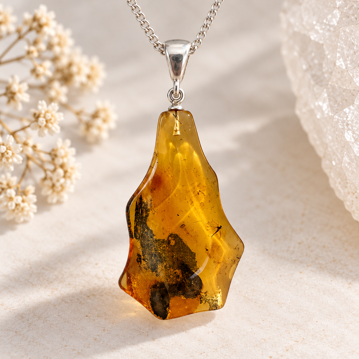 One-of-a-kind Baltic Amber pendant with a natural insect inclusion and sterling silver bail. A beautiful golden amber piece with unique organic inclusions.