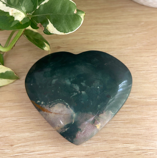 Heart-shaped Bloodstone on a wooden surface with a plant in the background