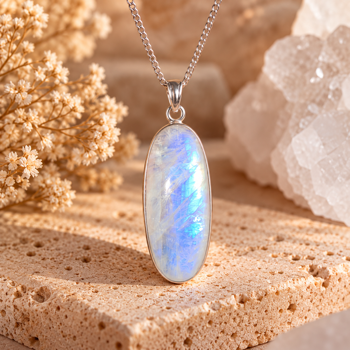 Natural blue flash Moonstone oval pendant set in sterling silver