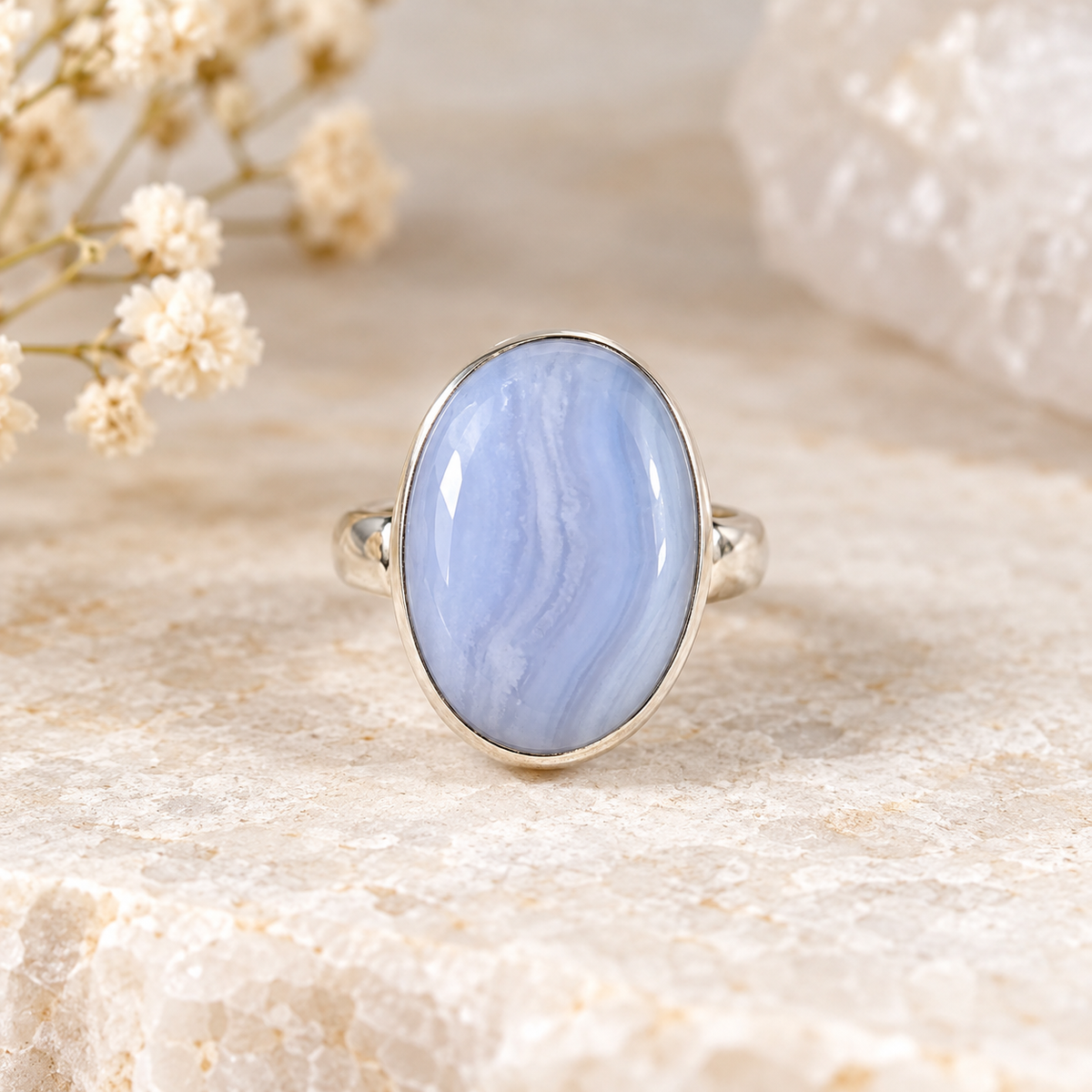 Blue Lace Agate sterling silver ring size 8 with natural pale blue and white banding