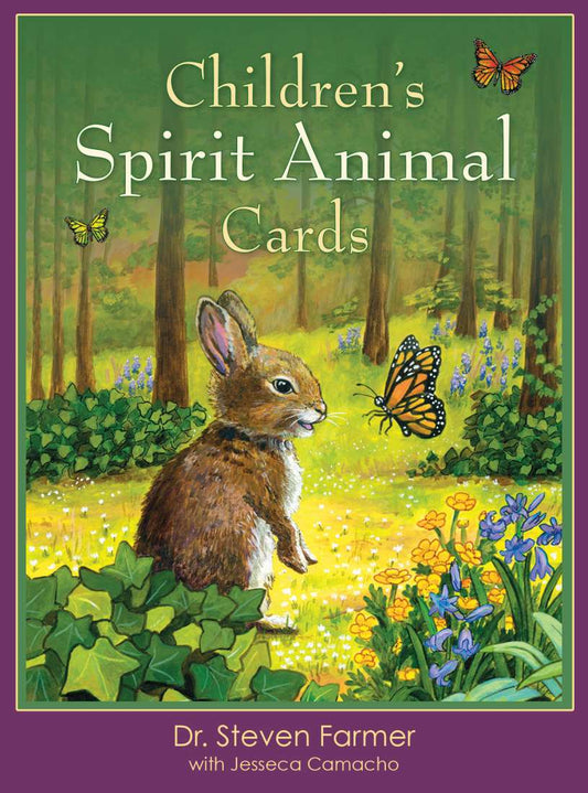 Cover of Children’s Spirit Animal Cards by Dr. Steven Farmer featuring a bunny and butterfly in a forest clearing, symbolising connection, wonder, and gentle spiritual guidance for children.