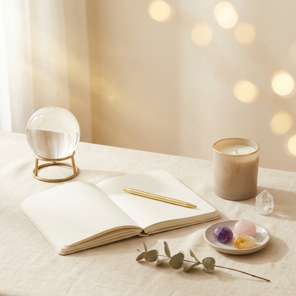Open book with a pen, crystal ball, and small plate with decorative items on a soft surface with a blurred light background.