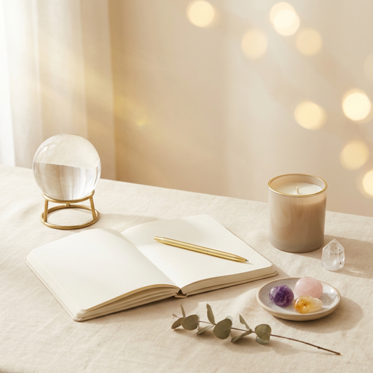 Open book with a pen, crystal ball, and small plate with decorative items on a soft surface with a blurred light background.