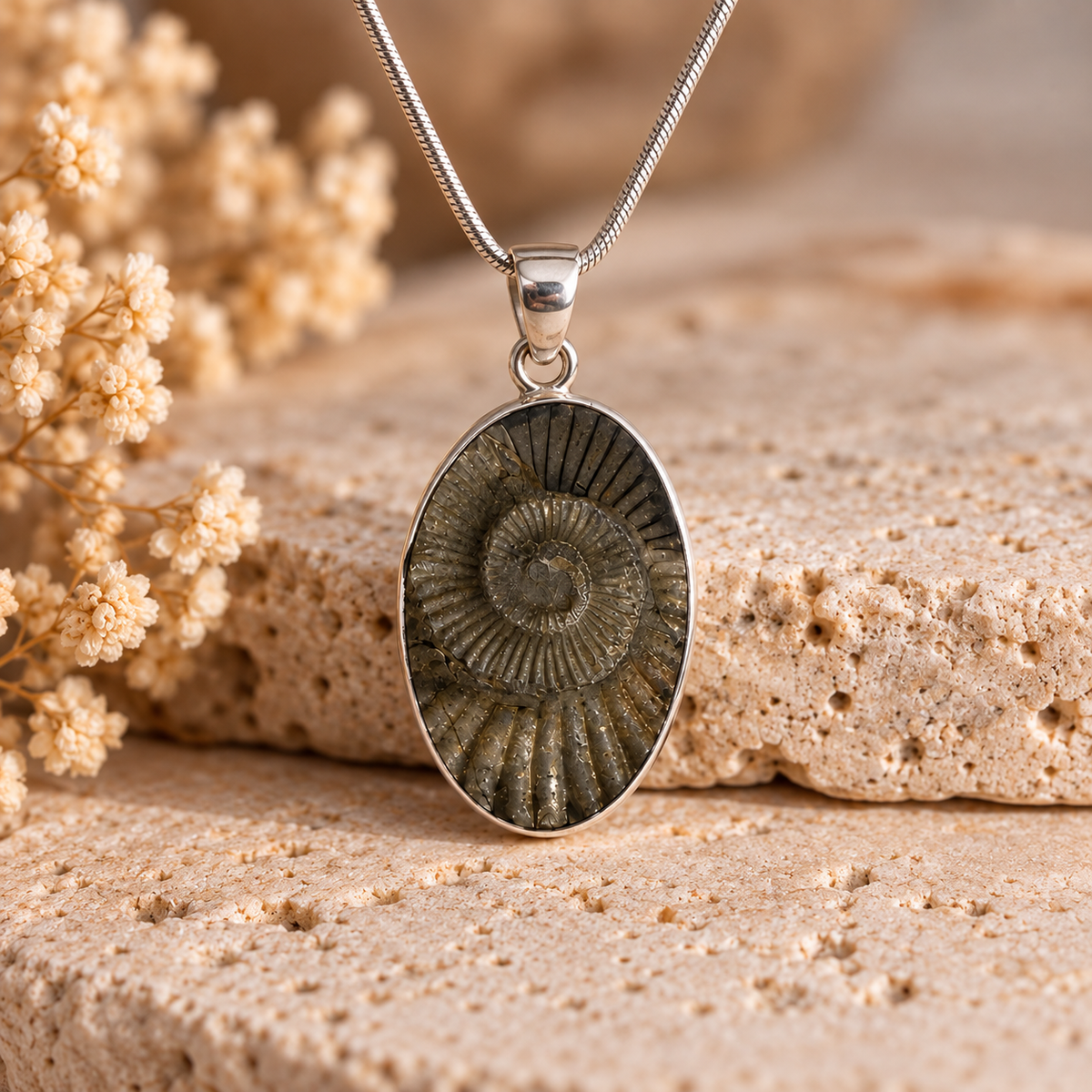 Natural spiral fossil pendant set in sterling silver with grey-brown colouring