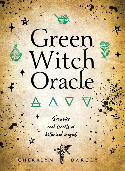 Cover of Green Witch Oracle by Cheralyn Darcey featuring green alchemical symbols, herbs, and botanical illustrations on a parchment-style background representing natural magick and earth wisdom.
