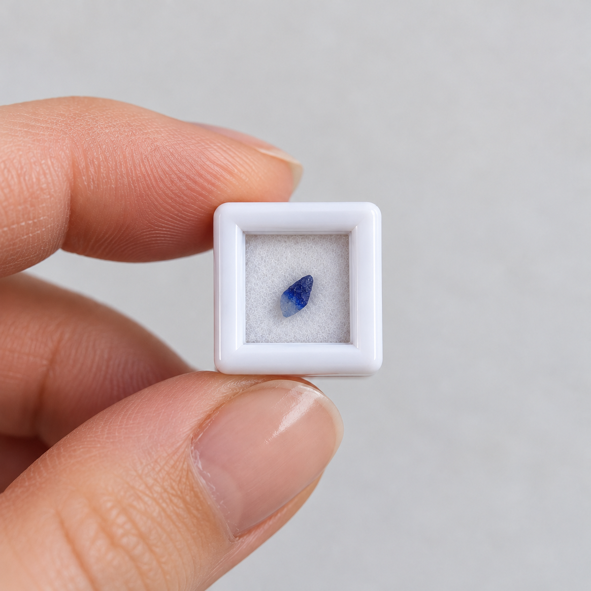 Tiny natural blue Hauyne micro mineral specimen in miniature white display box