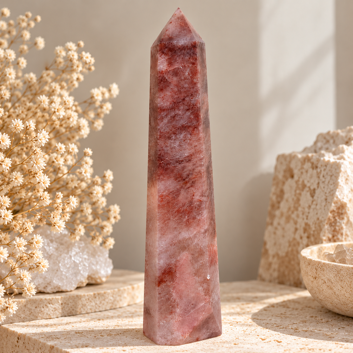 18 cm Hematoid Quartz Fire Quartz tower with natural pink and reddish-brown inclusions