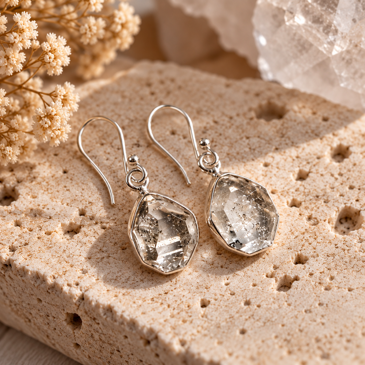 Natural Herkimer Diamond quartz drop earrings set in sterling silver