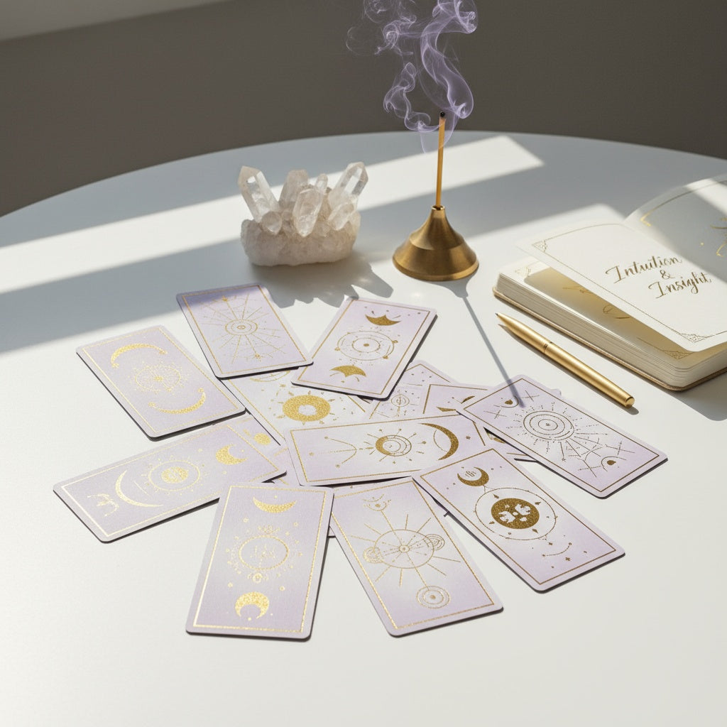 Intuitive tarot card reading setup with lavender celestial tarot deck, clear quartz crystal, brass incense burner, and guided journal in serene natural light