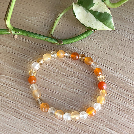 Beaded bracelet with Carnelian and  Citrine on a wooden surface with green leaves.