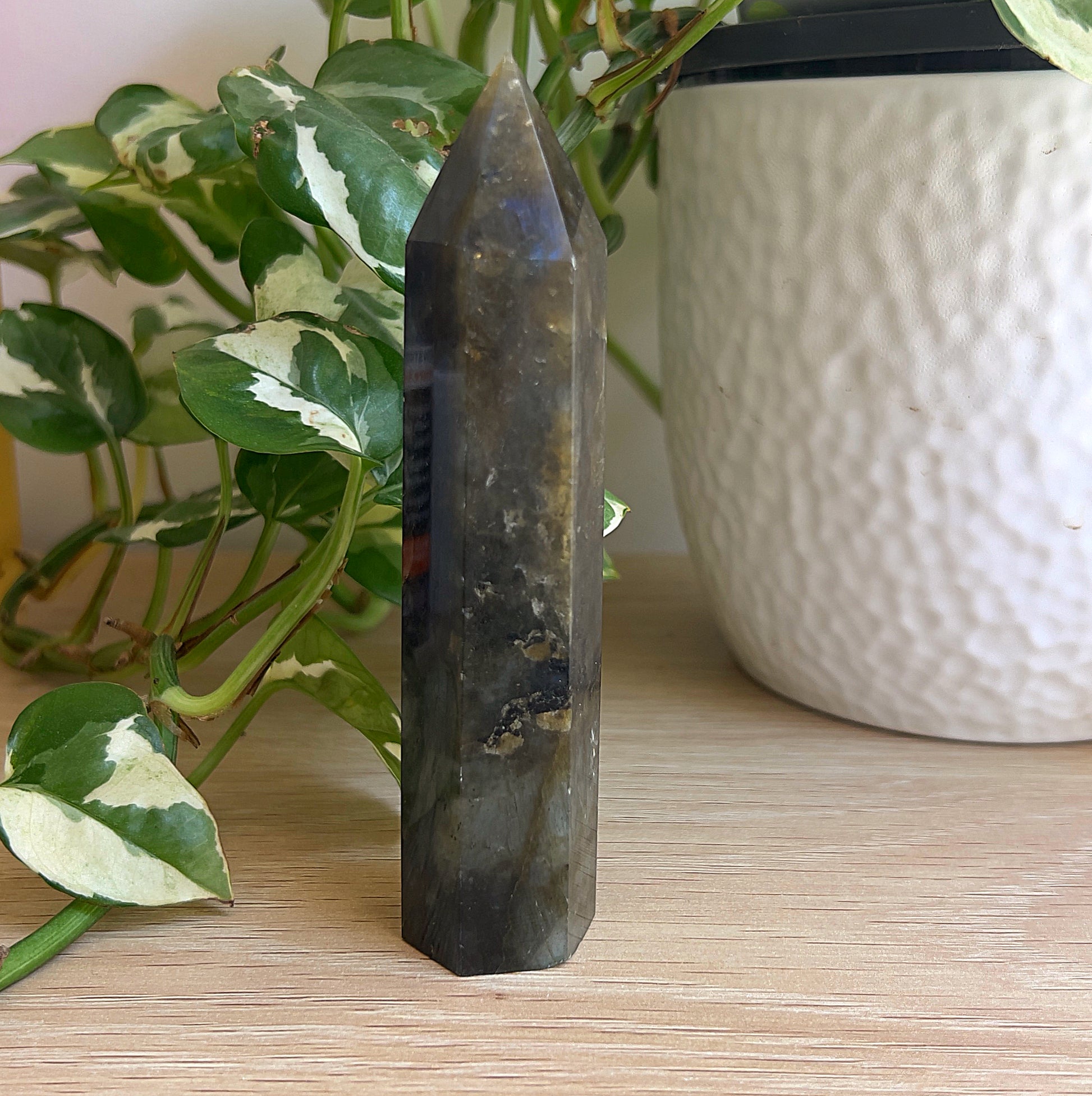 Labradorite tower on a wooden surface with plant in the background