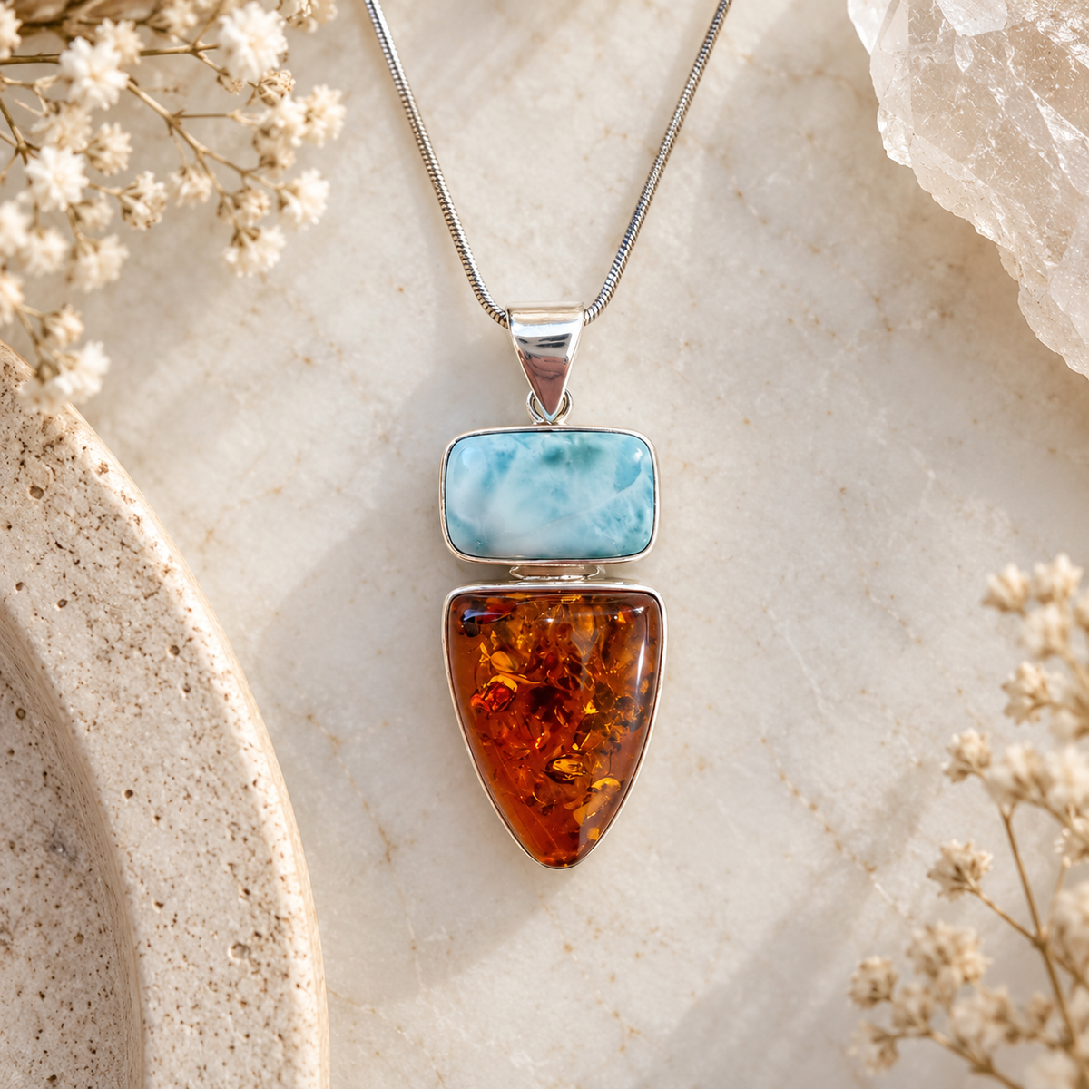 One-of-a-kind Larimar and Baltic Amber pendant set in sterling silver