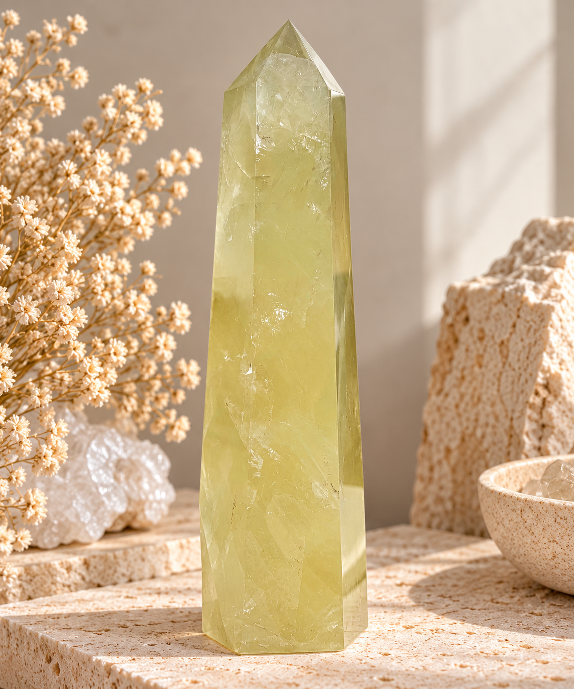 21 cm Lemon Quartz tower with translucent pale yellow colouring and natural internal inclusions