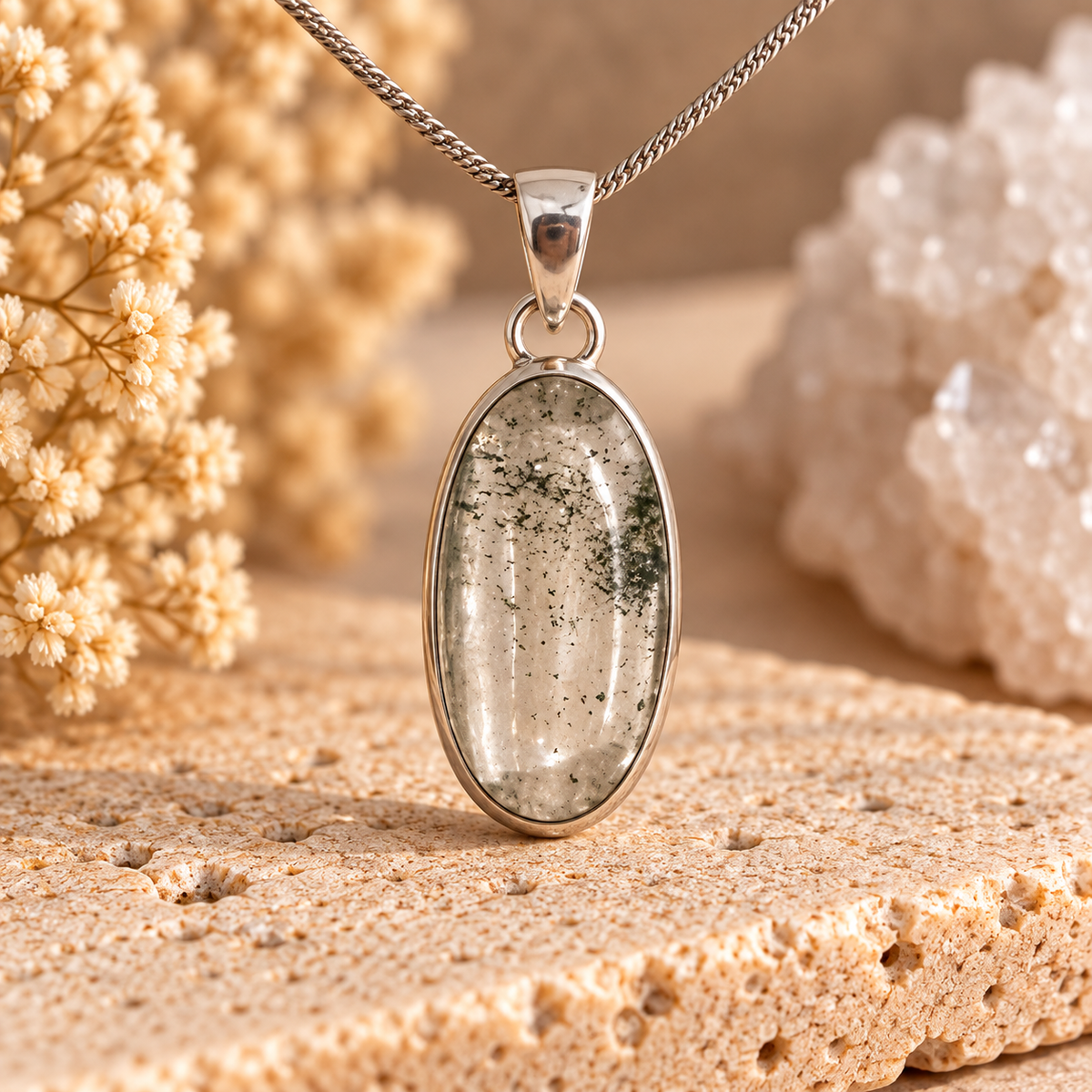 Lodolite Garden Quartz pendant in sterling silver with natural dark mineral inclusions