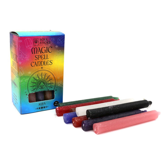 Soul Sticks Aura Spell Candles – 20 Pack Mixed Colour Ritual Candles for Aura & Chakra Healing