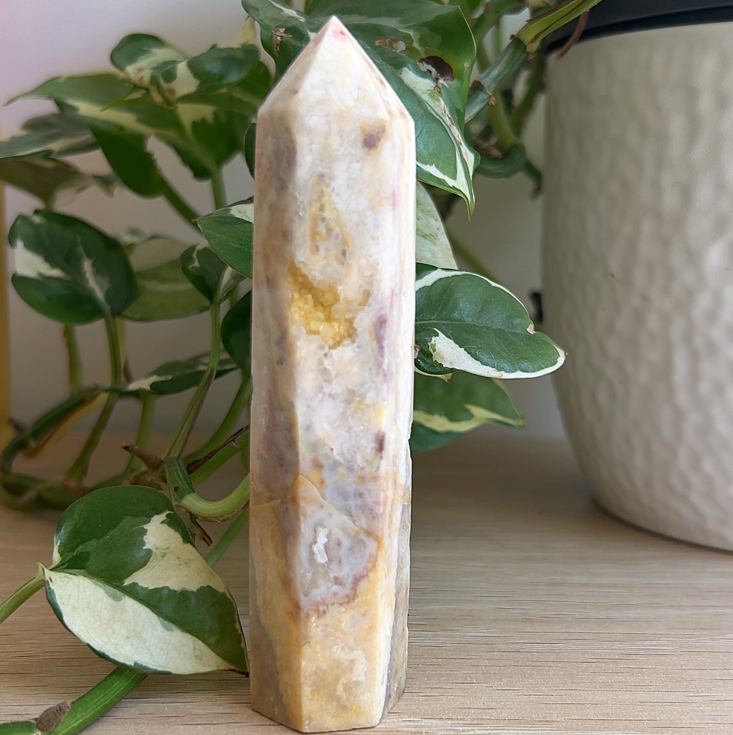 Mexican Agate tower on a wooden surface with a plant in the back ground